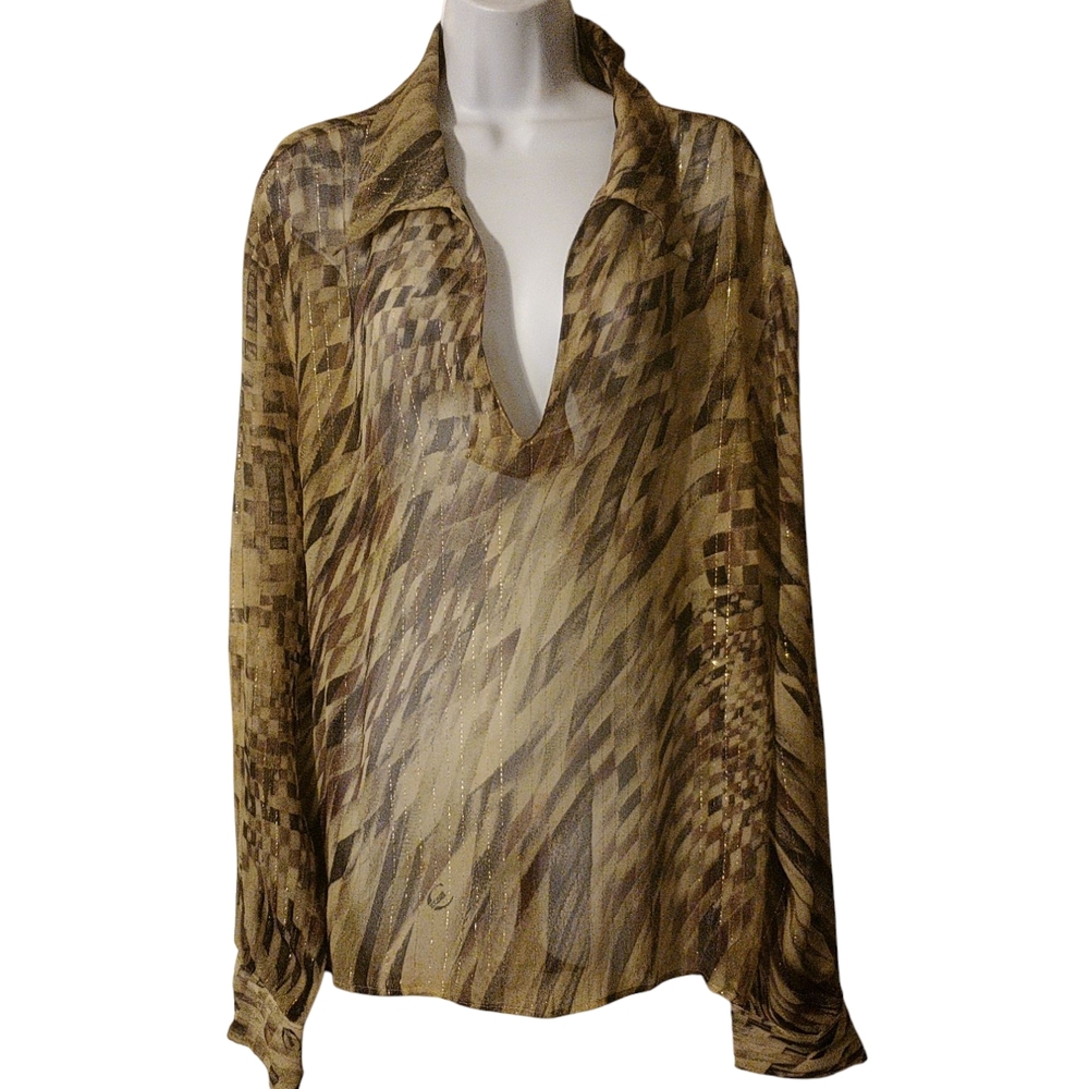 VINTAGE WOMAN'S SHEER JUST CAVALLI METALLIC SILK BLOUSE BEIGE TONES